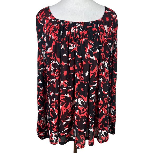 Liz Claiborne Blouse Top Womens Large Red Black Floral Print Long Sheer Sleeve L - Picture 1 of 11